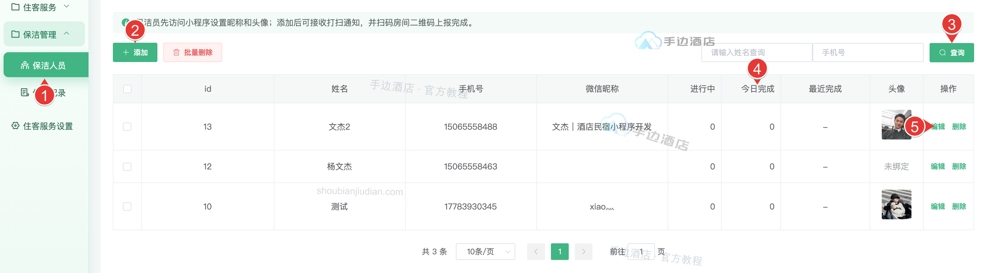 保洁人员:入口、新增、查询、统计和微信状态