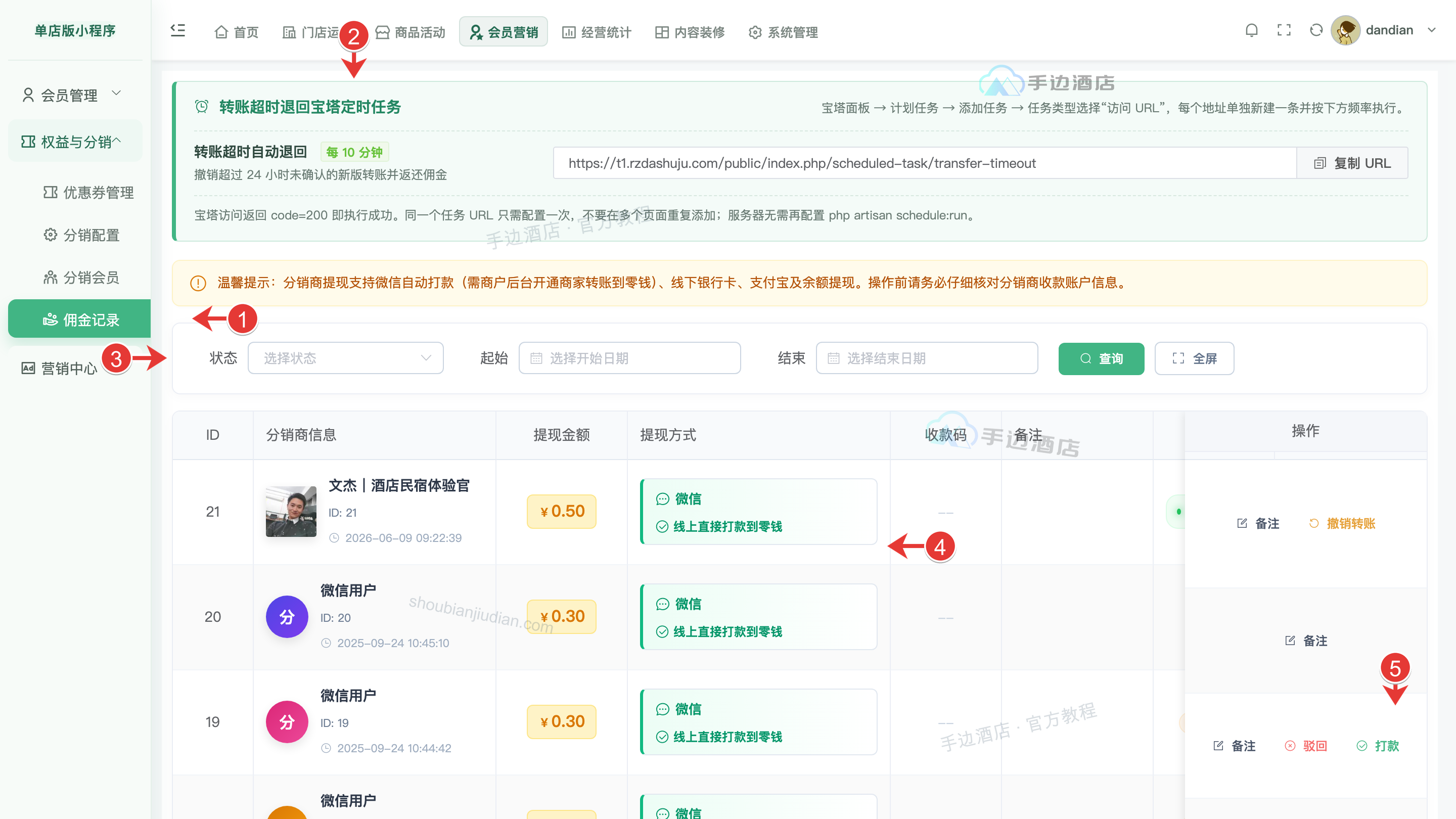 佣金记录:1 入口,2 任务提示,3 筛选,4 申请,5 操作