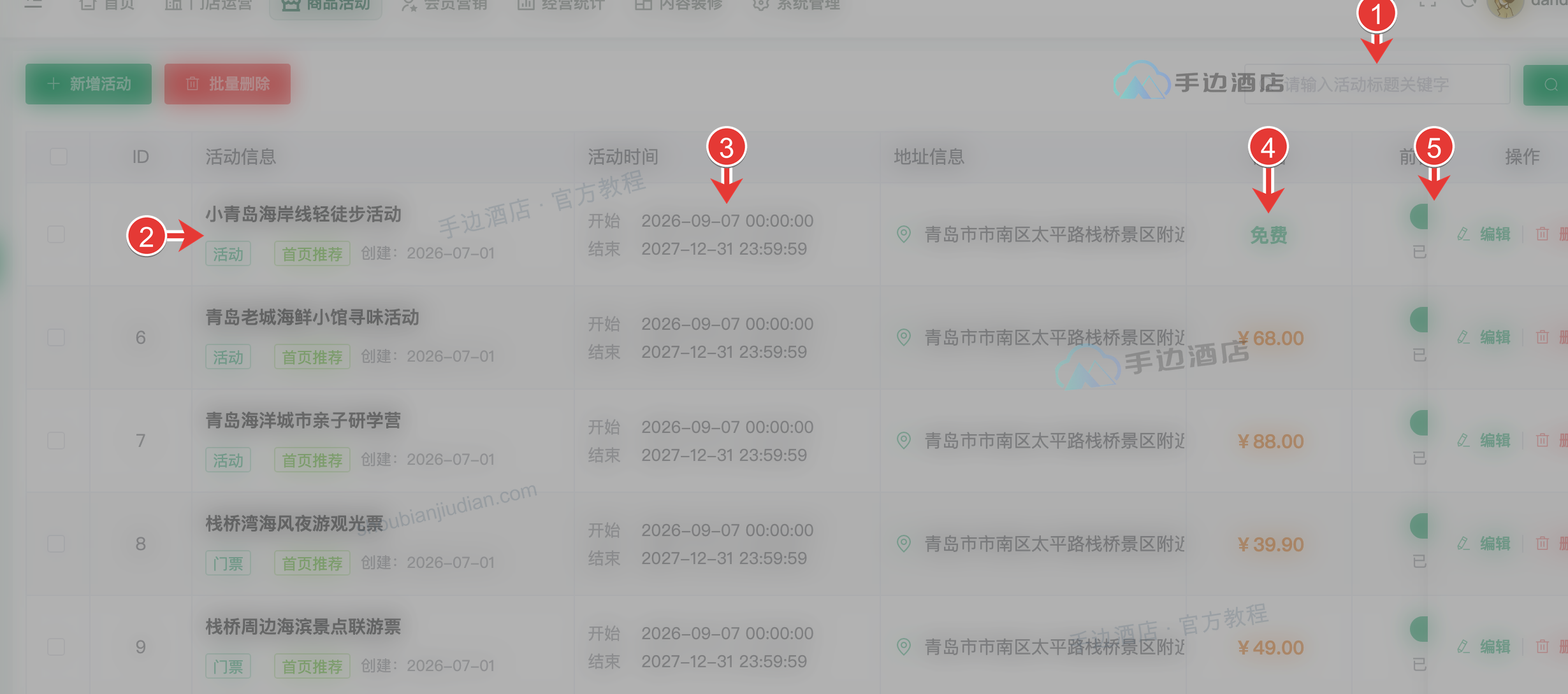 活动列表:1 搜索,2 资料,3 时间,4 价格,5 显示