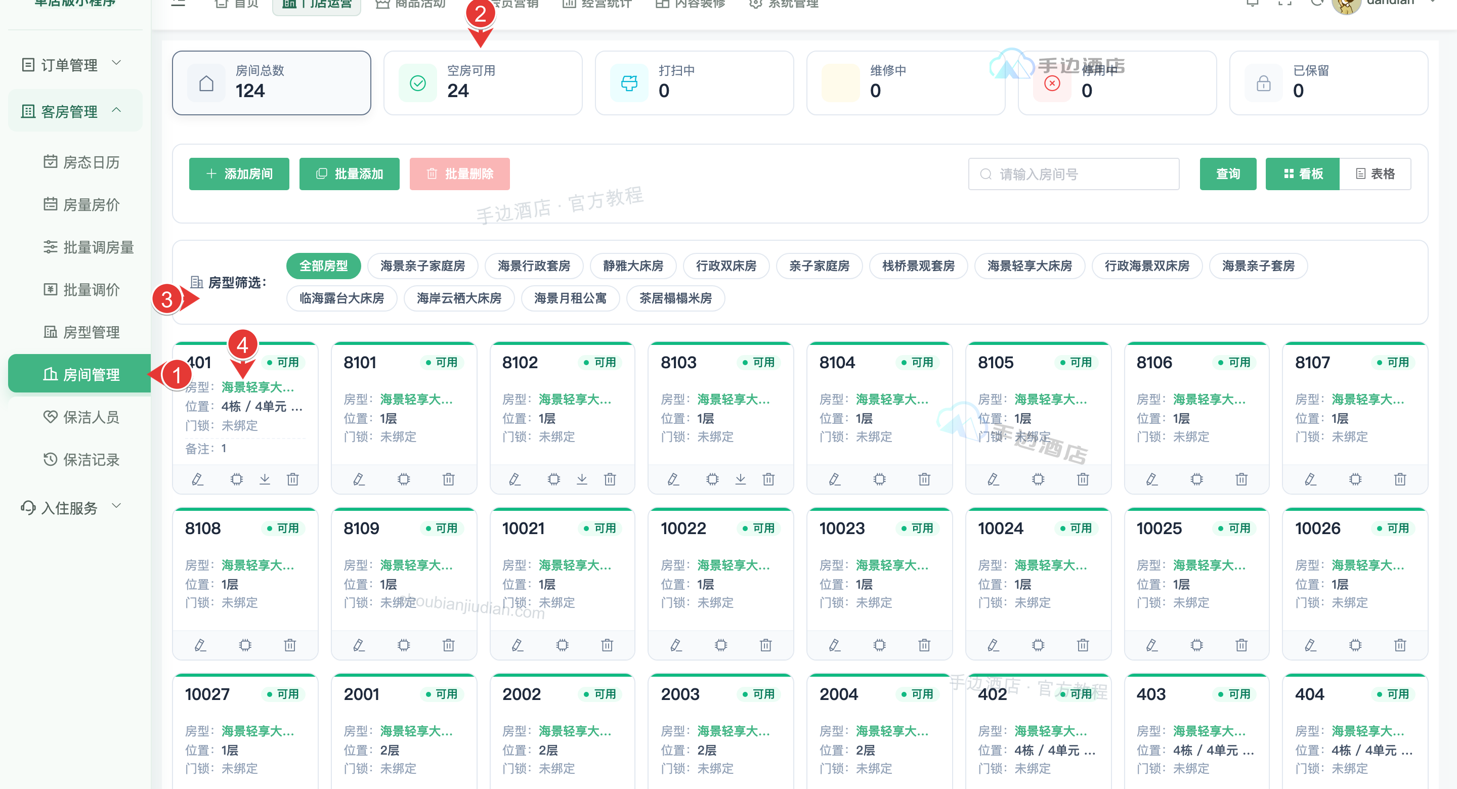 房间看板:1 入口,2 状态,3 筛选与视图,4 房间操作