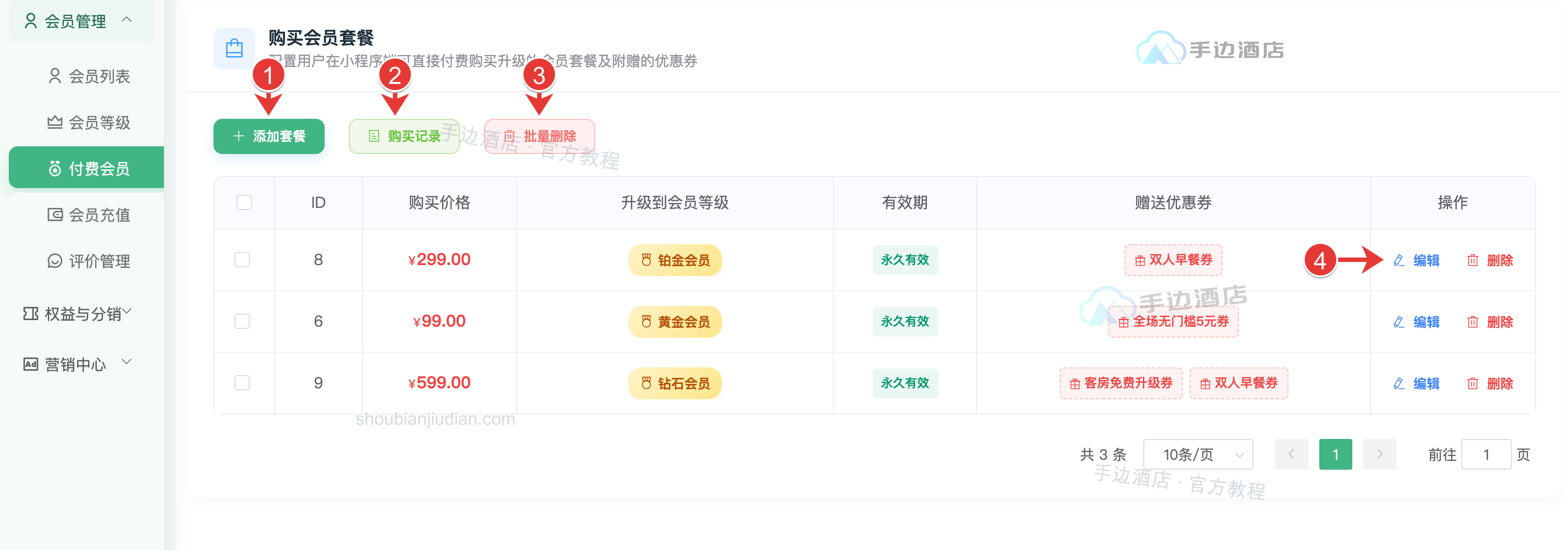 套餐列表:① 添加套餐,② 购买记录,③ 批量删除,④ 编辑与删除