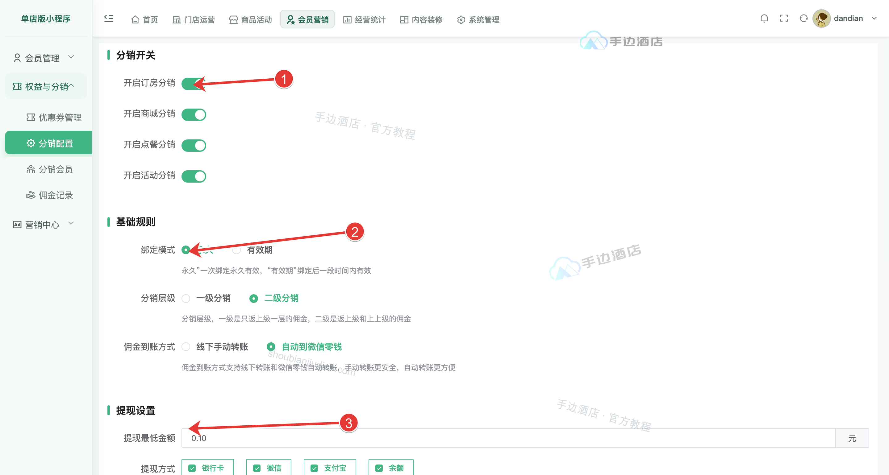 分销配置上半部分:① 开启业务分销,② 设置绑定与分销层级,③ 设置提现门槛