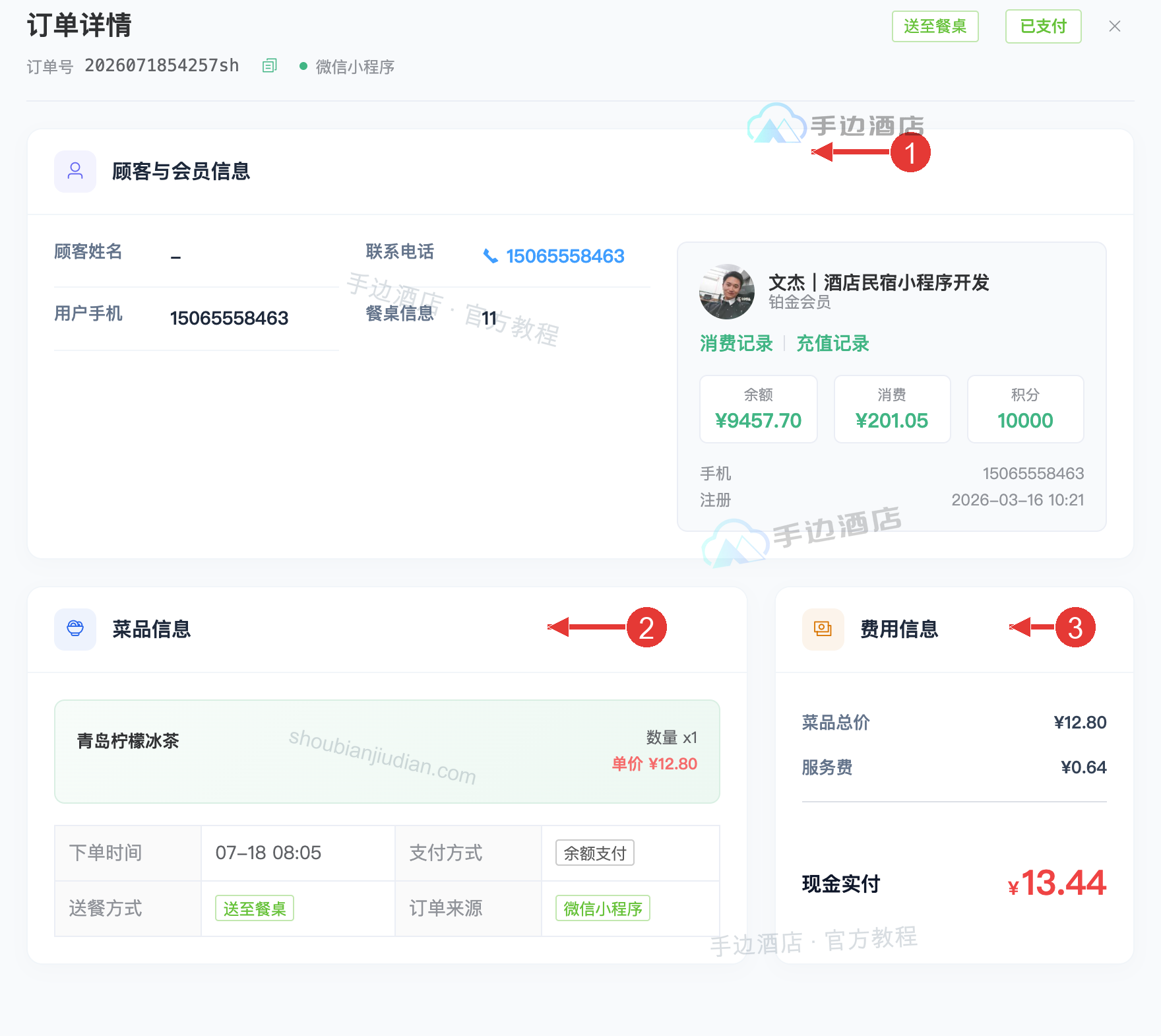 订单详情:1 顾客与会员信息,2 菜品与送餐方式,3 费用与现金实付