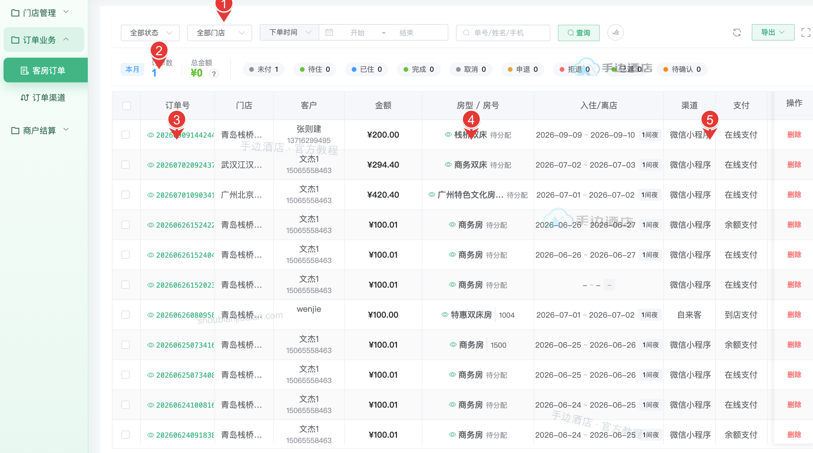 客房订单:查询、统计、详情、房号和渠道