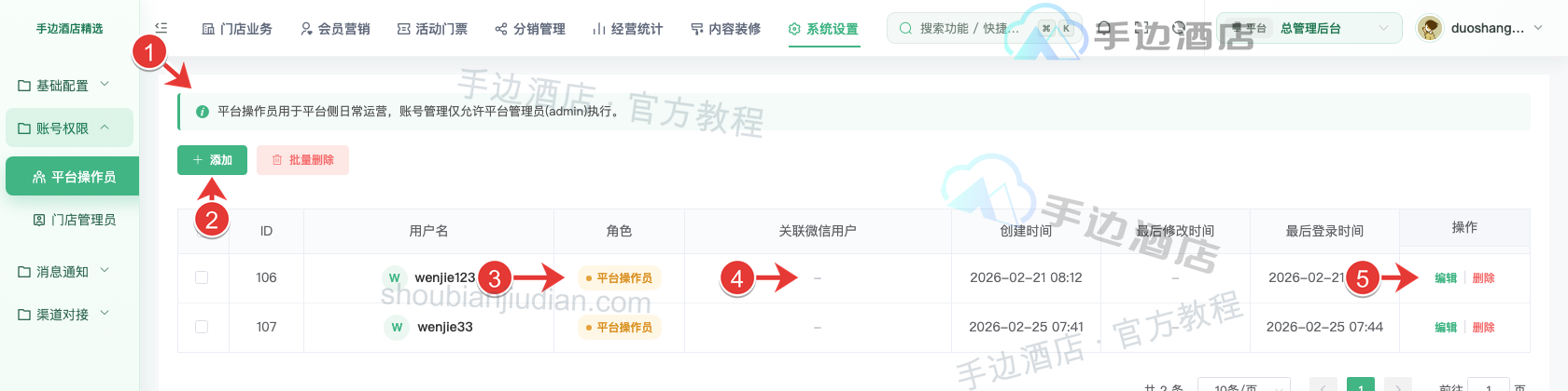 平台操作员列表与账号操作入口