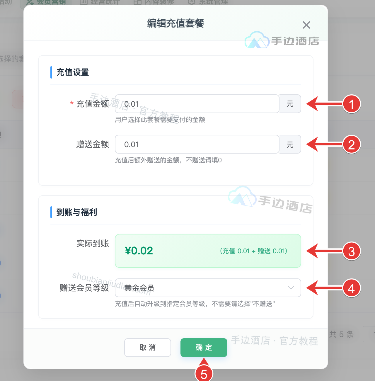 编辑套餐:① 充值金额,② 赠送金额,③ 到账预览,④ 赠送等级,⑤ 保存