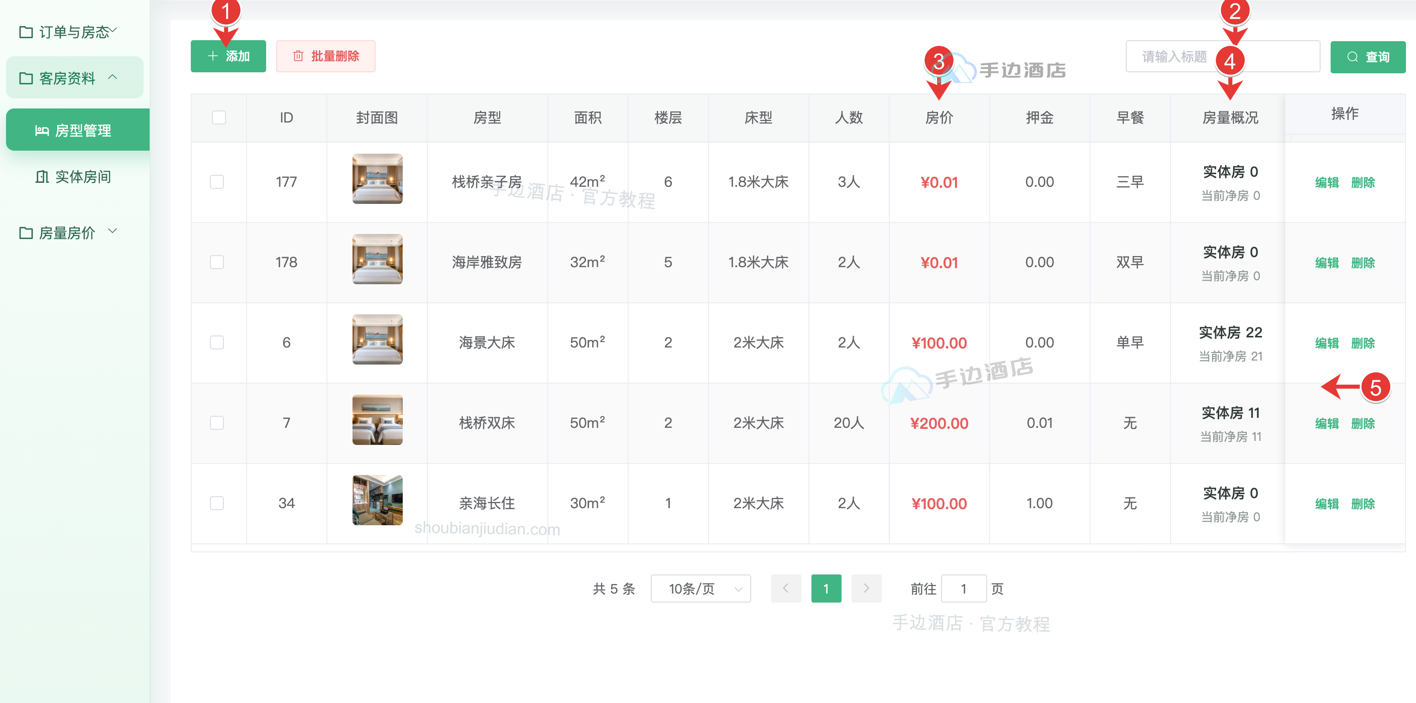 房型列表及添加、编辑入口